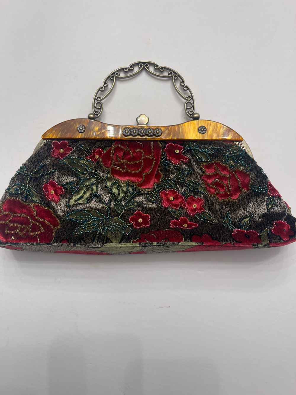 Vintage Embellished Floral Velvet Clutch Bag in Red and Green